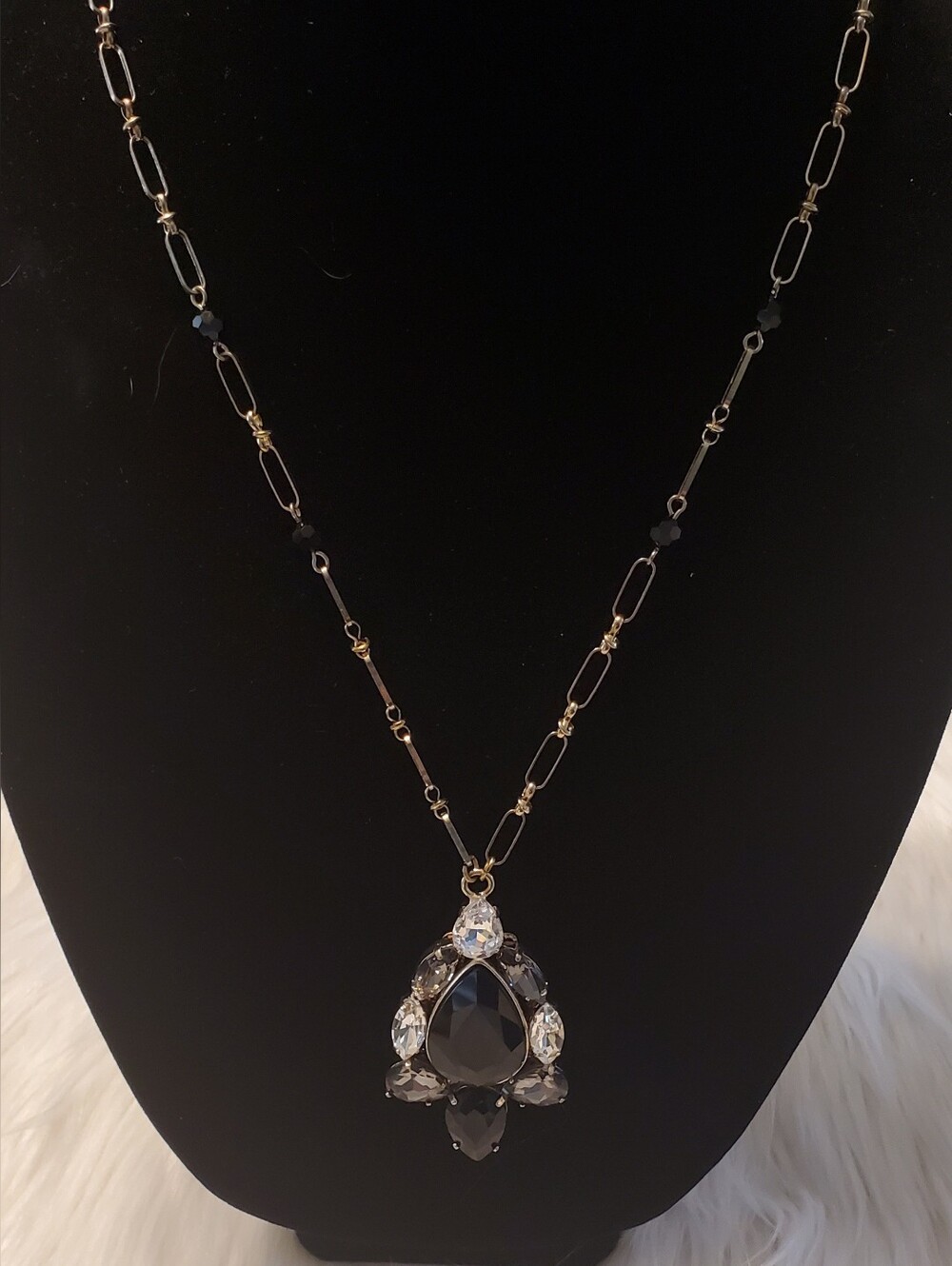 WHBM Black Crystal Teardrop Pendant Statement Necklace Gold Tone Paperclip Chain